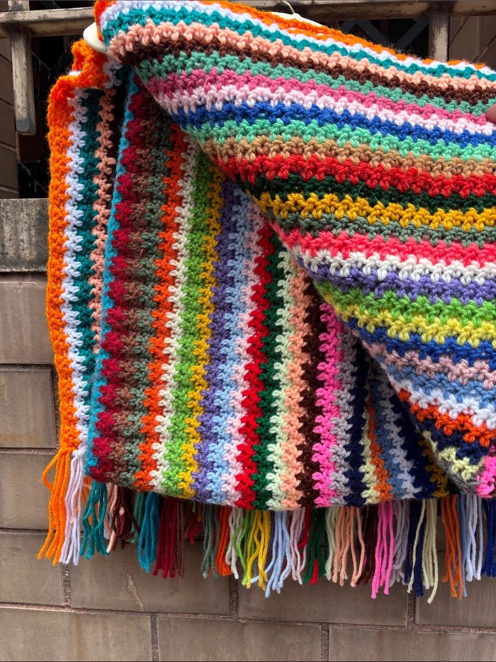 Vintage Handmade Afghan Multicolor Crochet Blanket with Fringe 62in x 37in